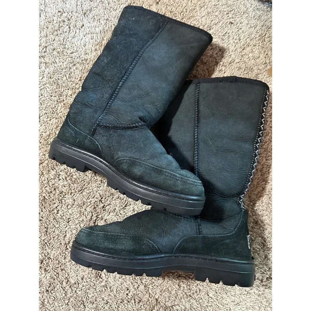 UGG Black Suede Tall Sheepskin Boots Embroidered Western‎ Boho Apres Women 8